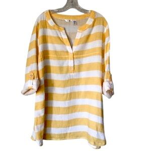 Kaktus Women's Roll-up Sleeve Yellow White V-Neck 100% Cotton Nautical Tunic, XL